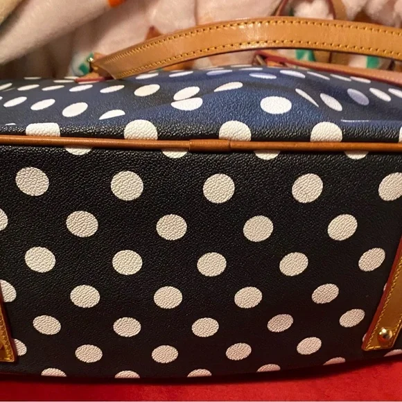 Dooney & Bourke Black and White Polka Dot Tote with Tan Straps - Picture 2 of 7